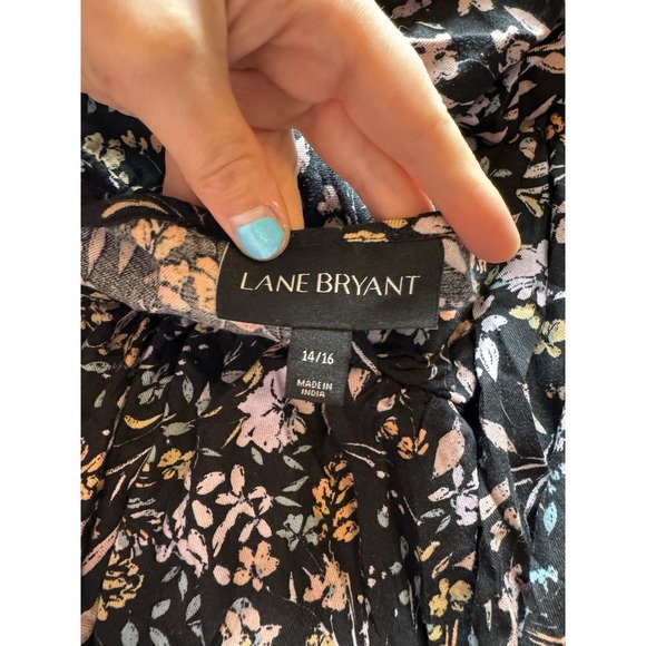 Lane Bryant Boho Cottage Top‎ 14 16 Navy Pink Floral Faux Wrap Peplum Balloon - Picture 7 of 11